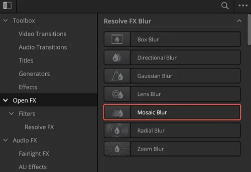 Resolve FX Blur 항목에 있는 다양한 블러 효과 중 원하는 효과를 선택합니다